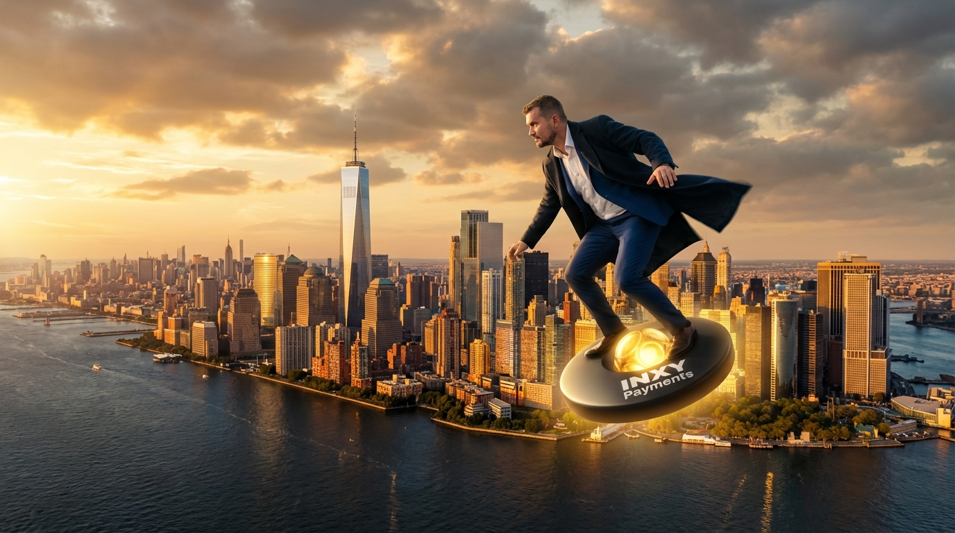 Scene from the INXY short film: businessman surfing above a city skyline at sunset