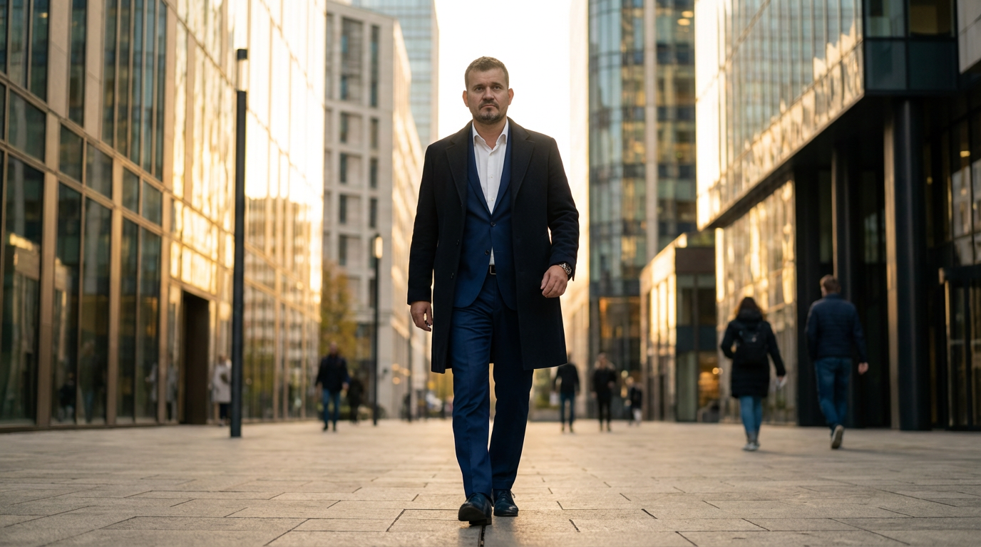 Scene from the INXY cinematic short film: businessman walking through a city