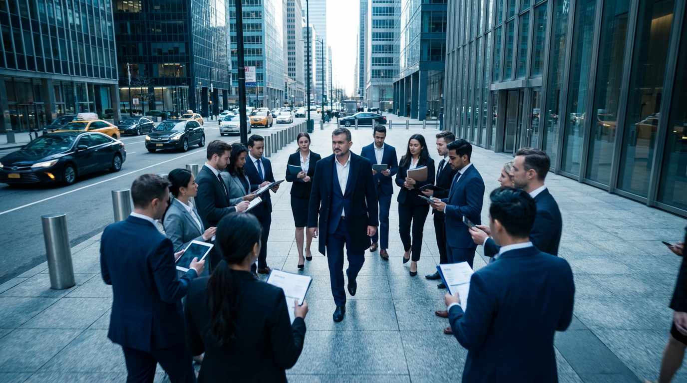 Scene from the INXY short film: team of business people in a city street