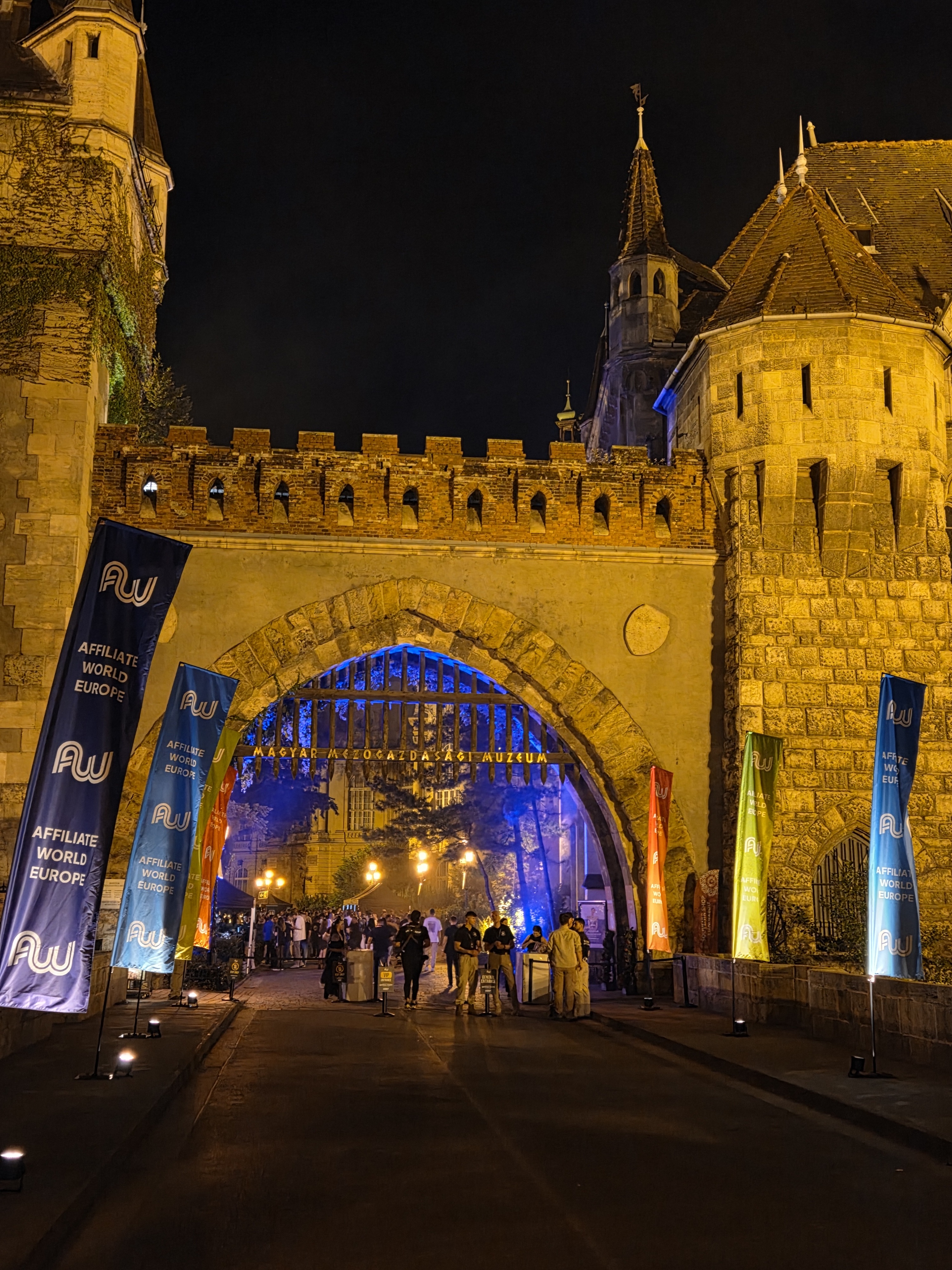 Vajdahunyad Castle in Budapest lit up at night
