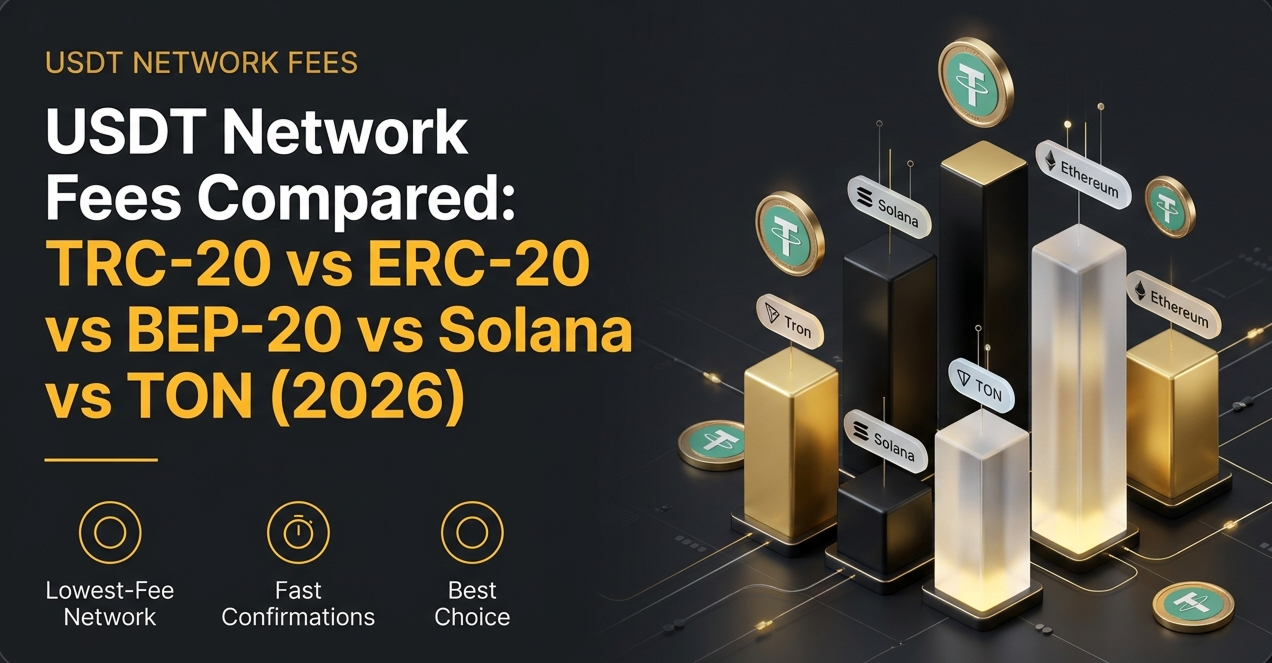 Header: USDT network fees compared across TRC-20, ERC-20, BEP-20, Solana and TON