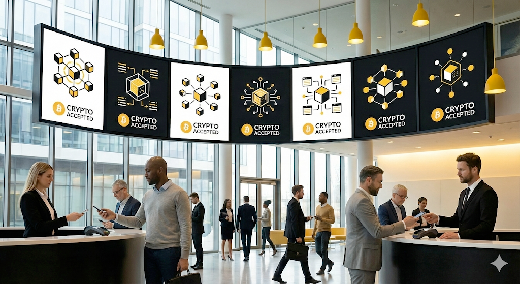 Business meeting with crypto payment dashboards on screens