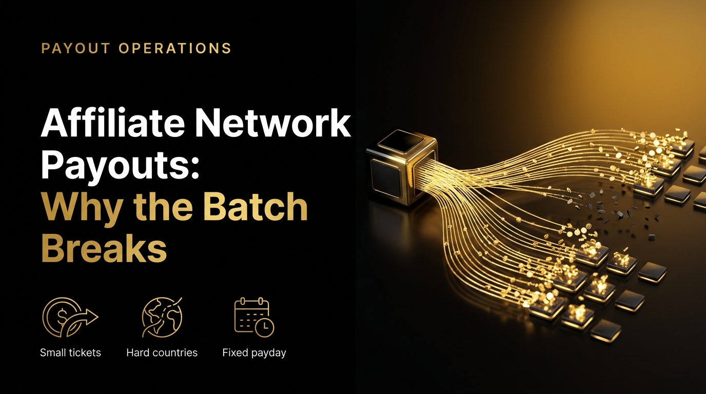 One funded payout batch splitting into hundreds of small publisher payments across many countries