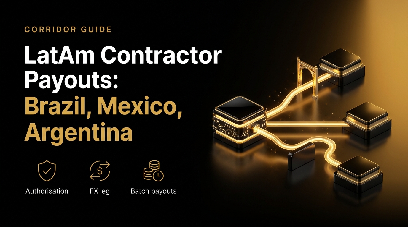Three payout routes from one source to Brazil, Mexico and Argentina, one passing an authorisation checkpoint