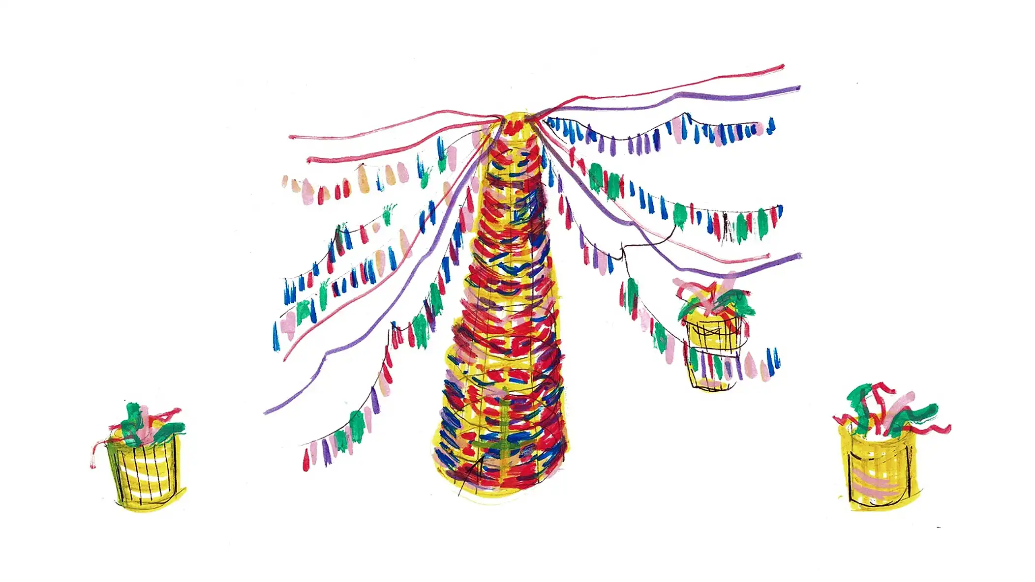 Colorful maypole with red, purple ribbons and three yellow baskets with green and red streamers.