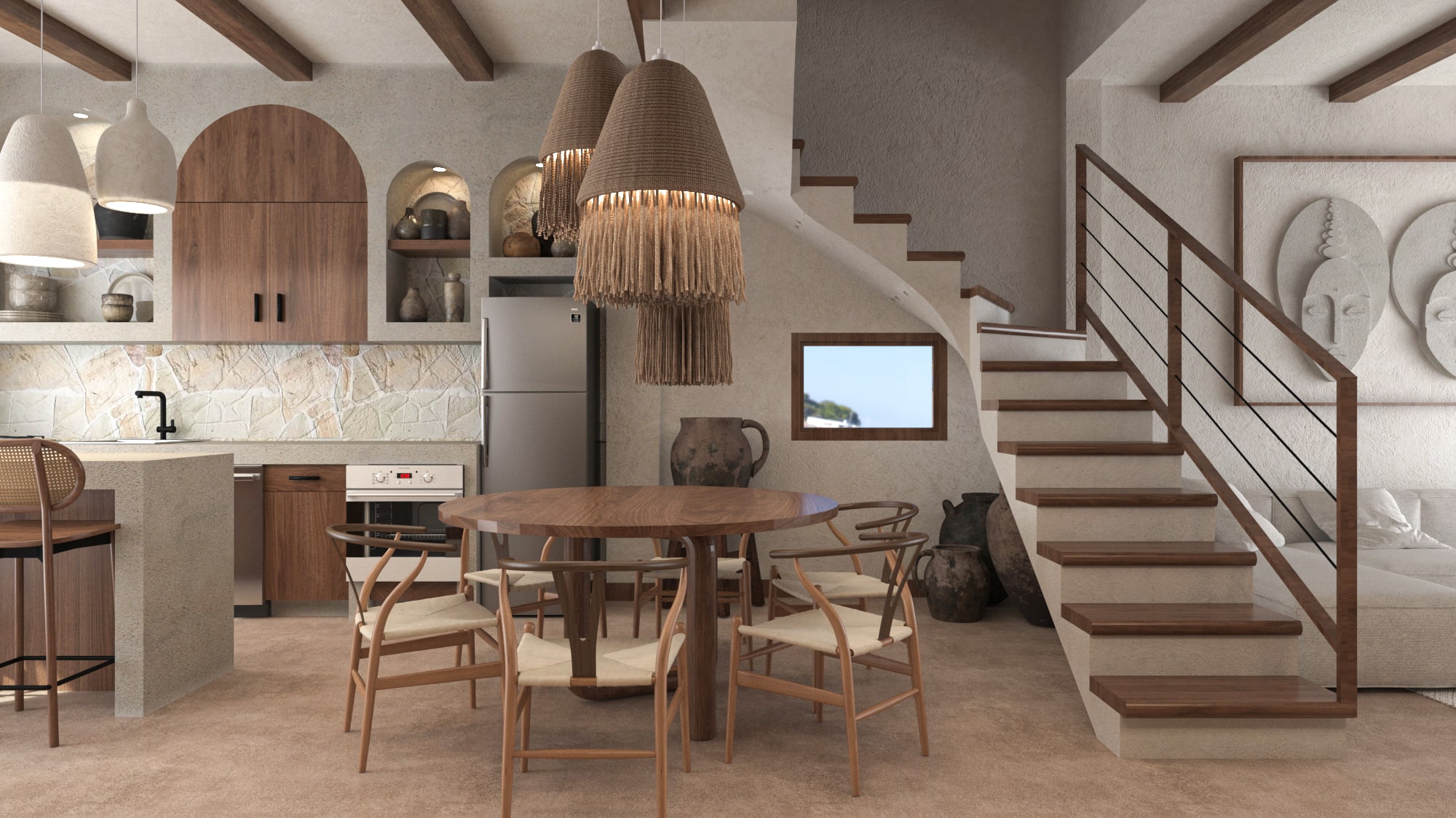 Dining room and adjacent kitchen in Asili Luxury Penthouse, centered around a large round wooden table and lit by multi-tiered woven pendant lamps.