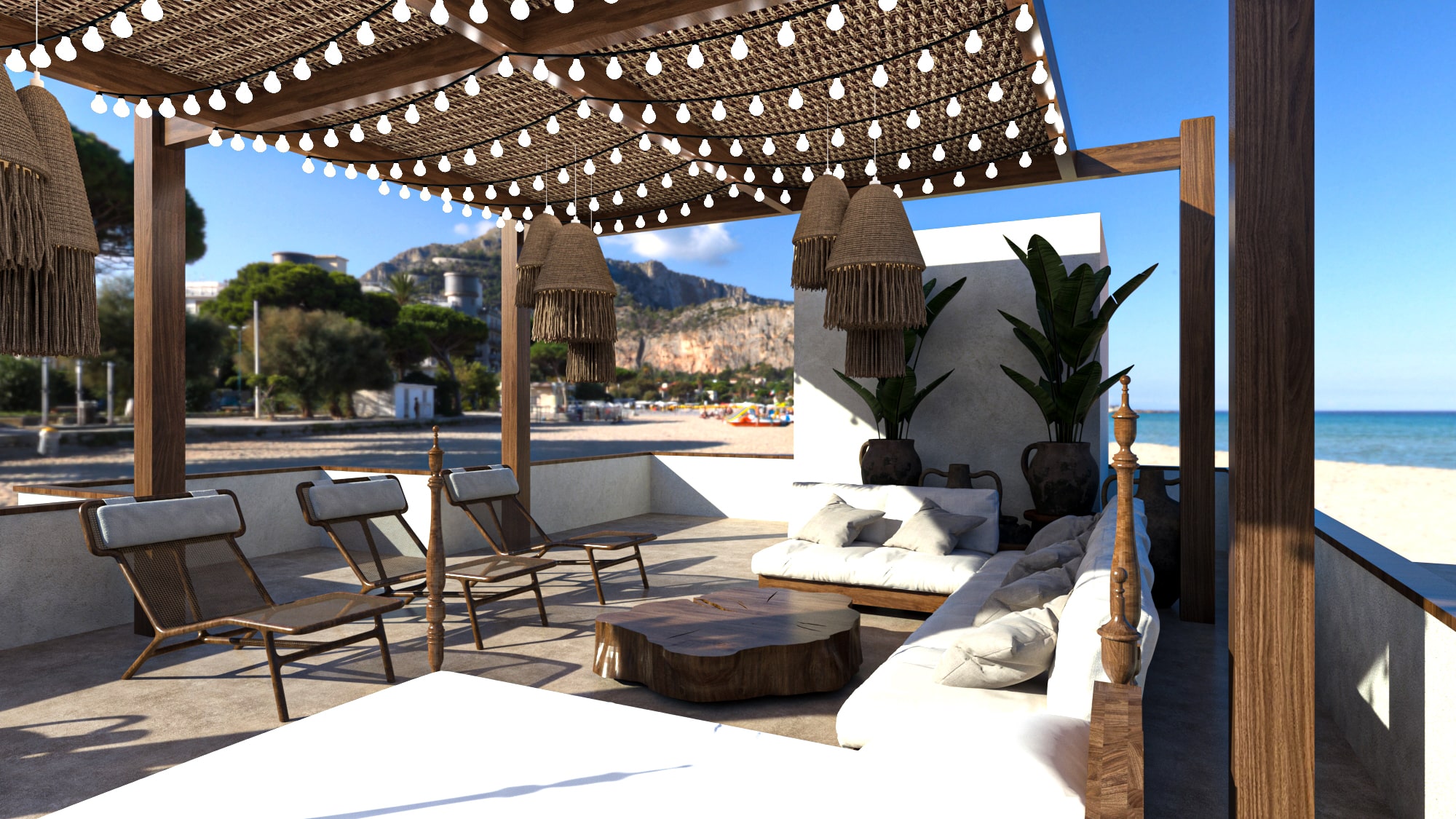 Asili Penthouse terrace seating area, featuring a custom wooden coffee table and a view overlooking the scenic Zanzibar coastline and distant cliffs.