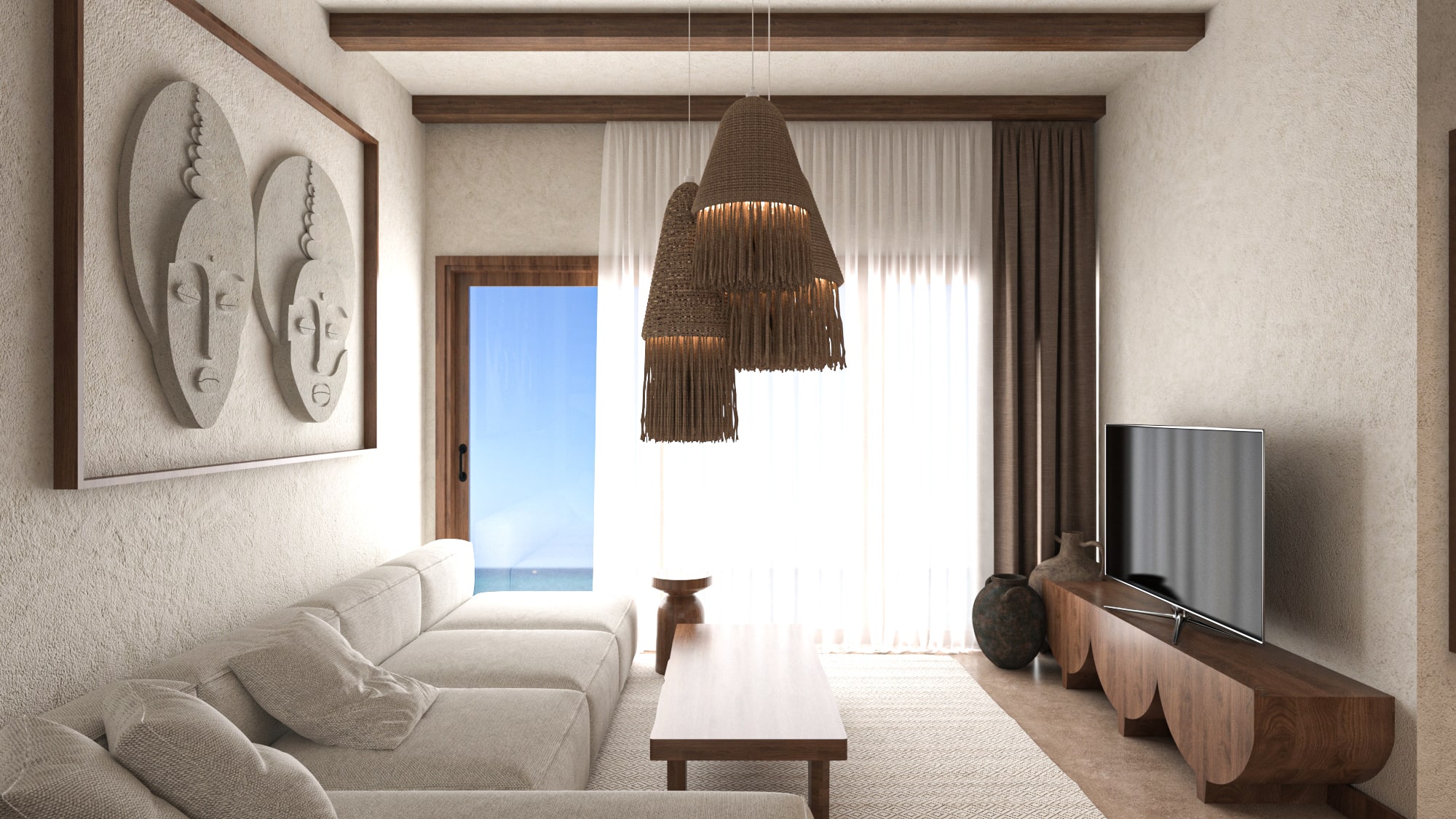 Interior design view of Asili Penthouse's luxury living room, highlighting the textured white walls, a view of the ocean through the sheer curtains, and natural wood accents.