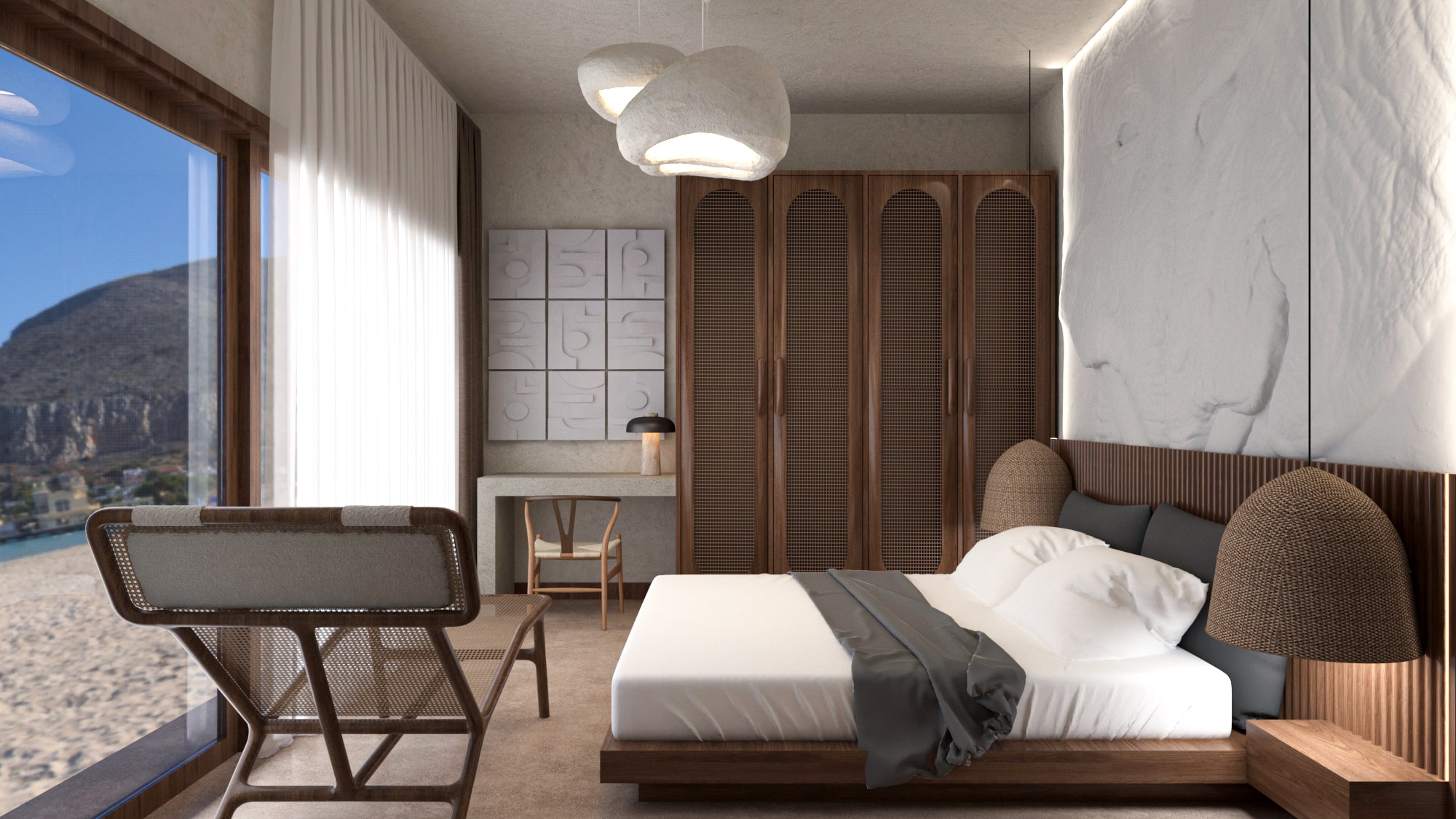 Master bedroom in Asili Luxury Penthouse with stunning ocean and cliff view, featuring modern wood wardrobes, slatted headboard, and natural fiber accents.