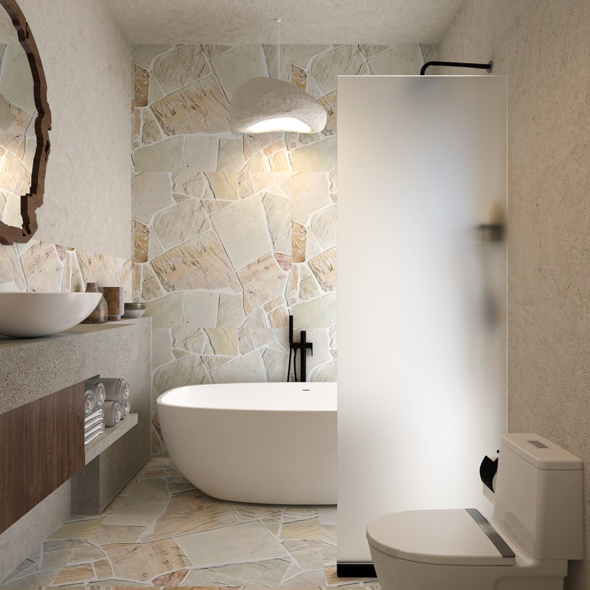 Spa-like Master Bathroom in Asili Penthouse, featuring a contemporary oval bathtub, concrete vanity, and large-format natural stone wall accents.