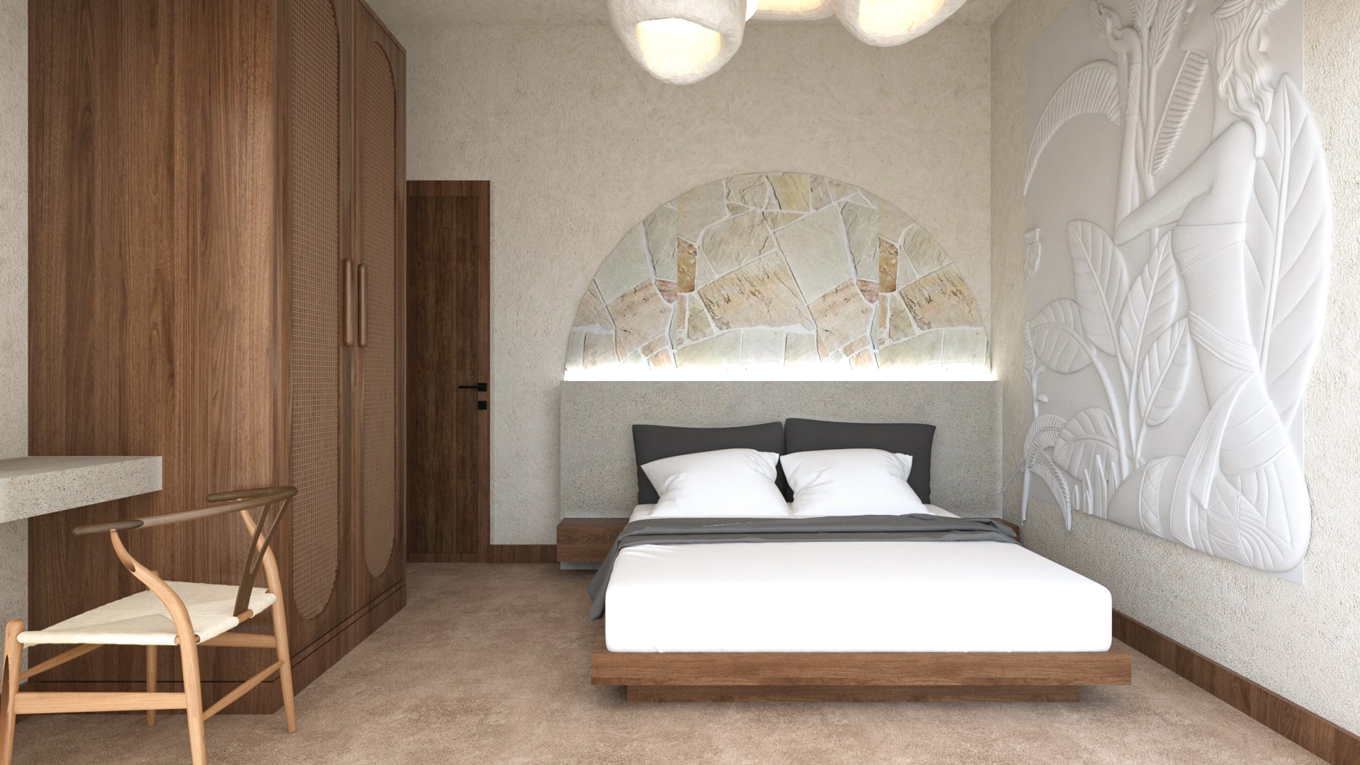 Bedroom 02 in Asili Penthouse, showcasing large wooden wardrobes, a stone arch feature above the bed, and tropical bas-relief wall art.