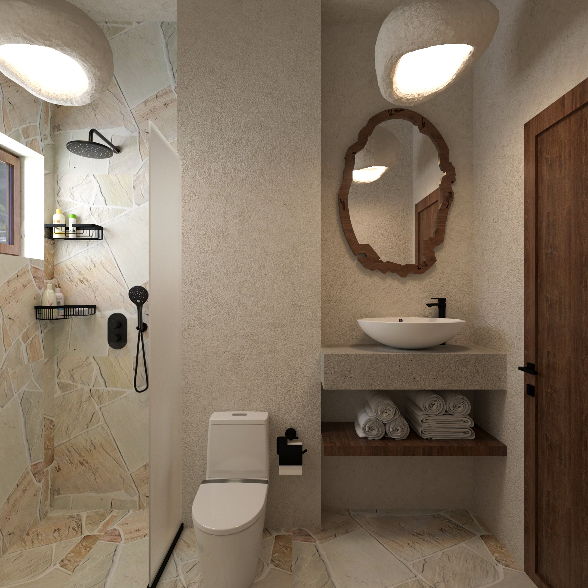 Bohemian comunal bathroom in Asili Luxury Penthouse with walk-in shower, black matte fixtures, and organic-shaped natural stone wall and floor tiling.