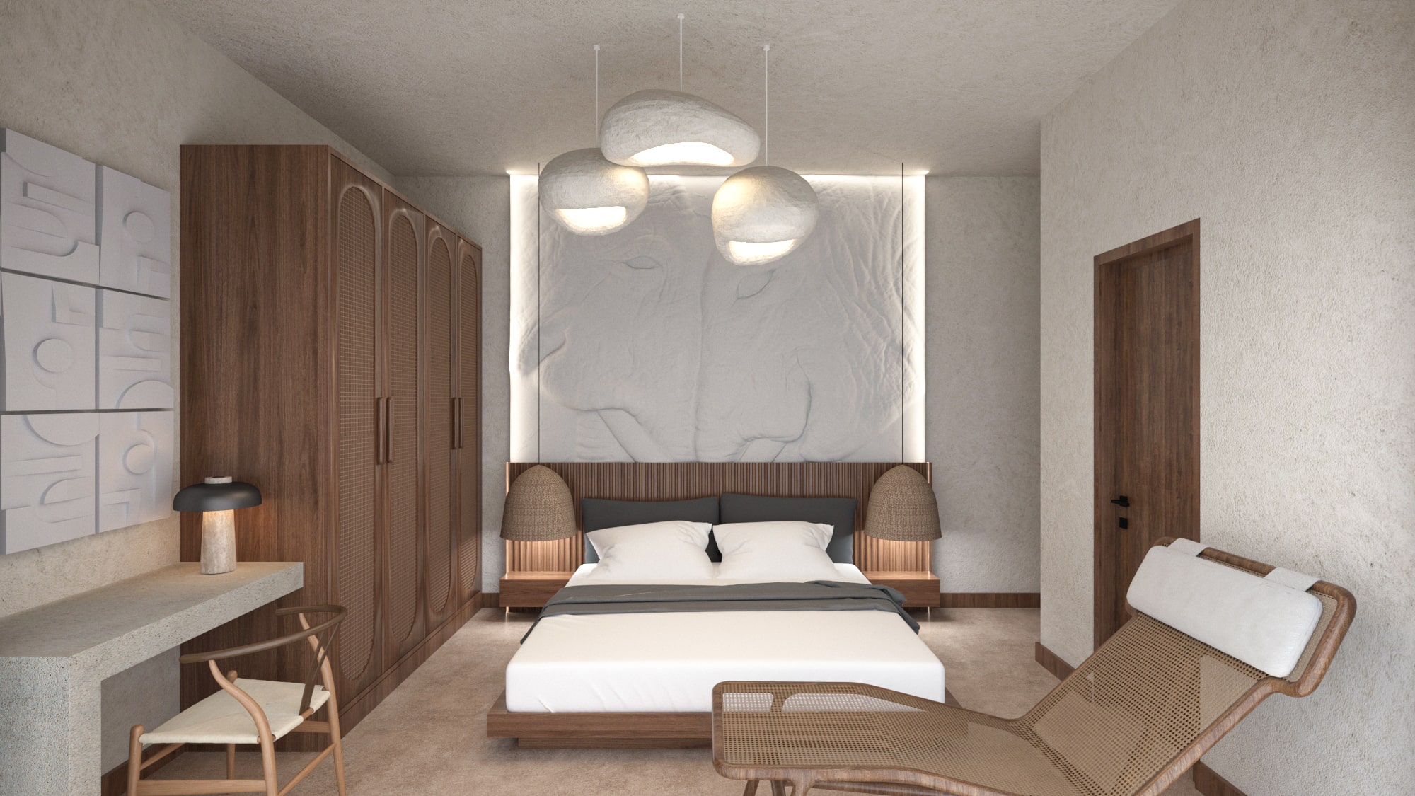 Luxury Master Bedroom interior of Asili Penthouse, with a built-in stone desk, arched wood wardrobes, and a sculptural textured accent wall behind the bed.
