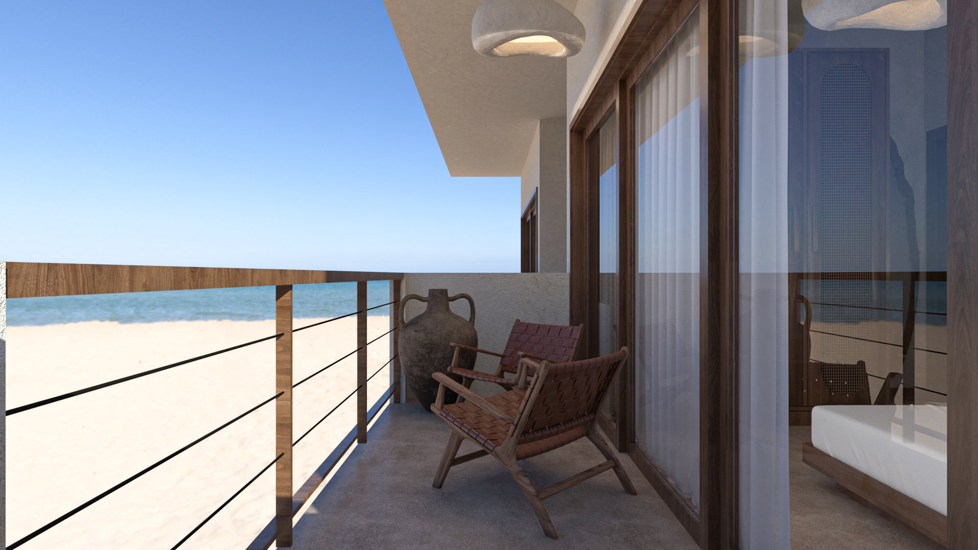 Private balcony off the master suite in Asili Luxury Penthouse, featuring leather woven chairs and stunning, intimate views of the Zanzibar beach.
