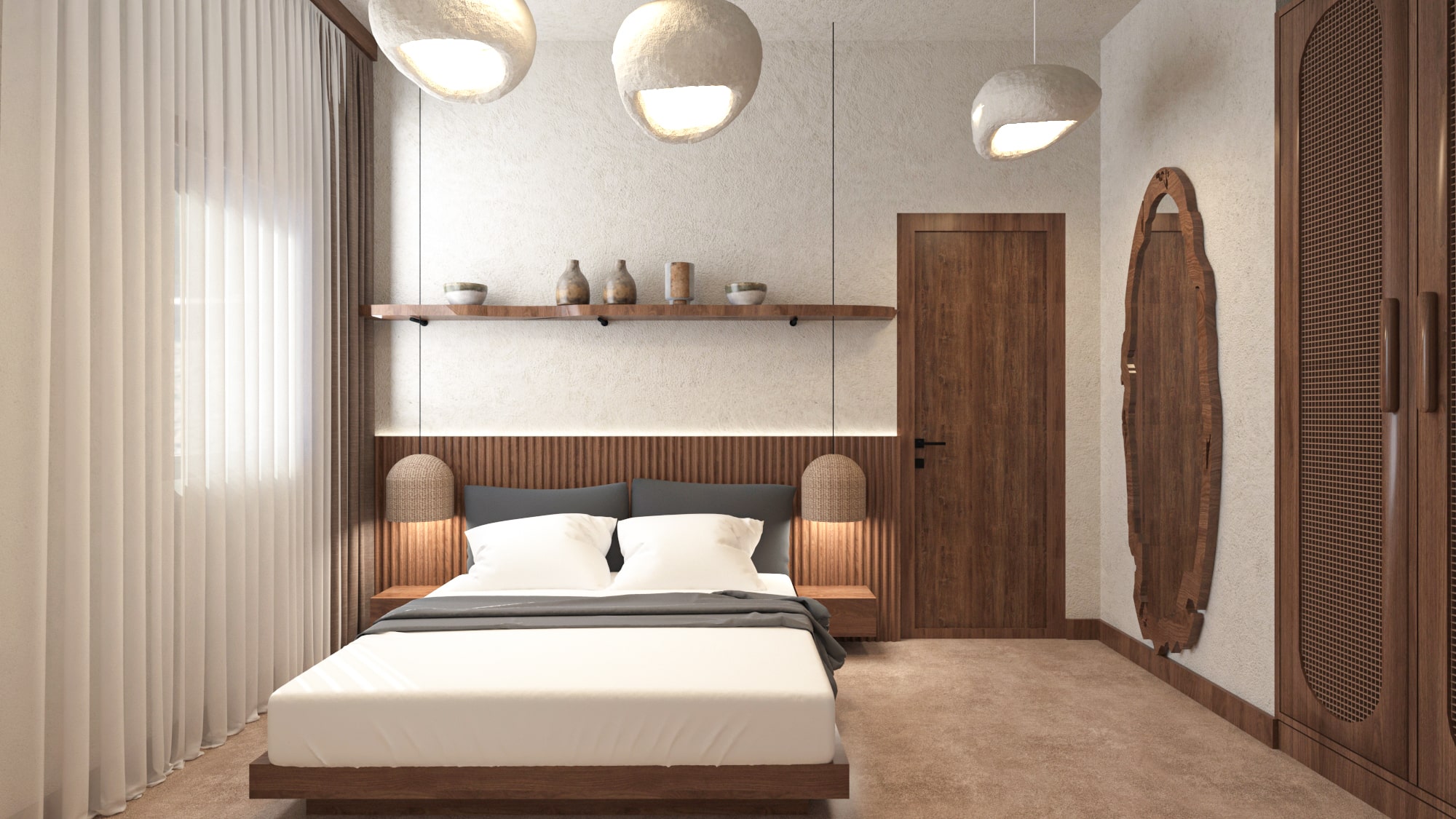 Guest Bedroom 01 in Asili Luxury Penthouse, showcasing a custom floating wood shelf, natural woven bedside lamps, and a unique organic-shaped full-length mirror.