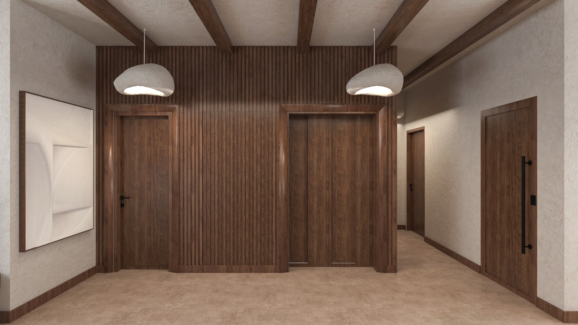 Hallway in Asili Luxury Penthouse with rich, full-height wooden paneling concealing an elevator and a built-in closet, illuminated by modern pebble-shaped lights.