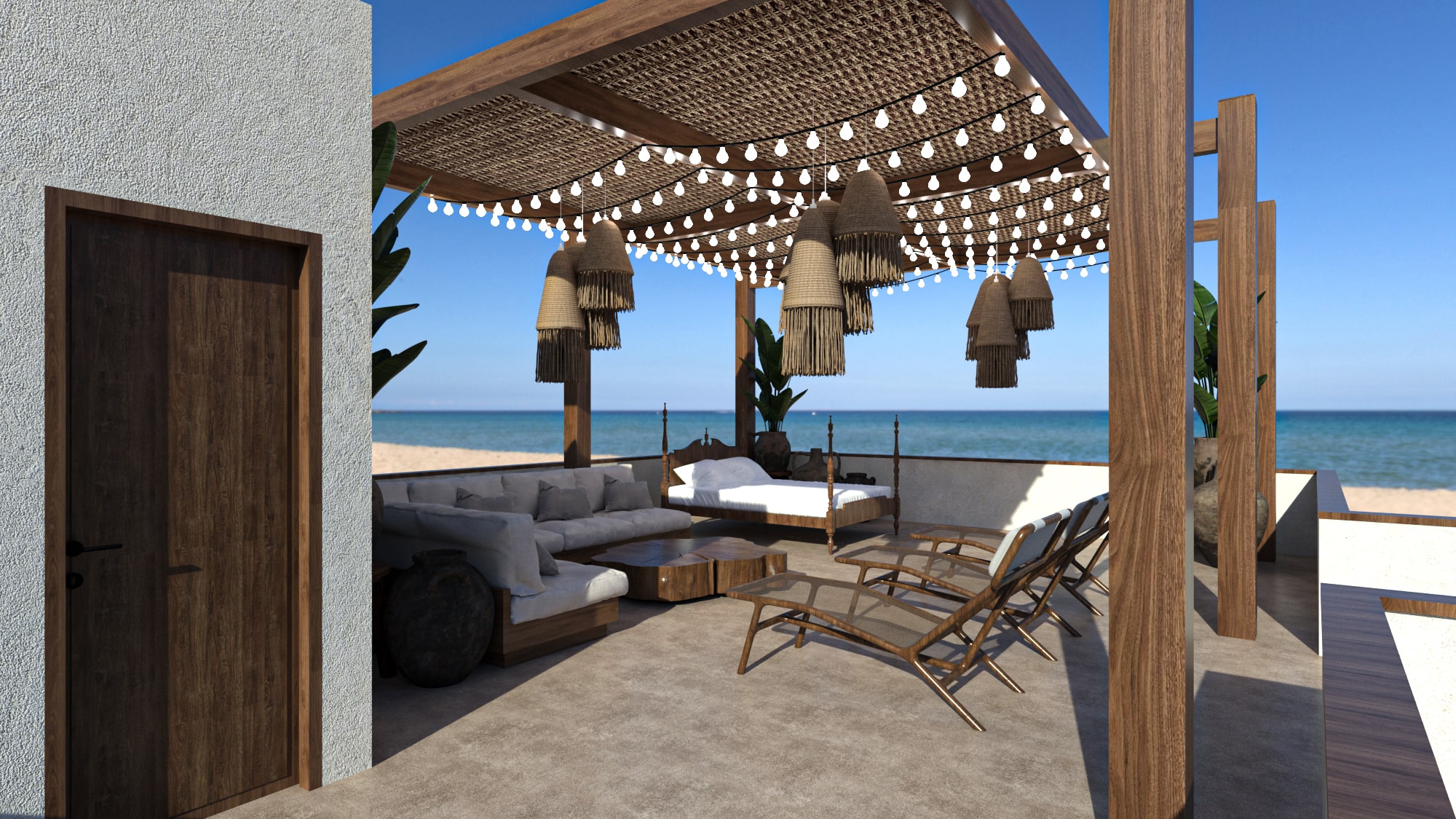Panoramic view of the private terrace at Asili Luxury Penthouse, showing sun loungers, woven pergola ceiling, and direct access to the Zanzibar beach.