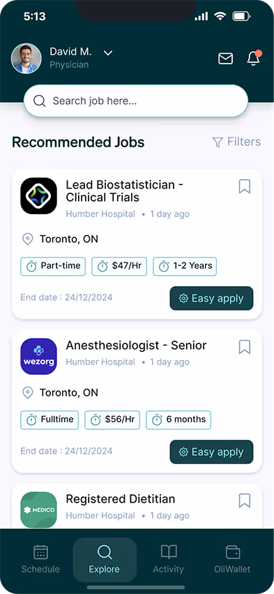 Oli recommended jobs overview on mobile app