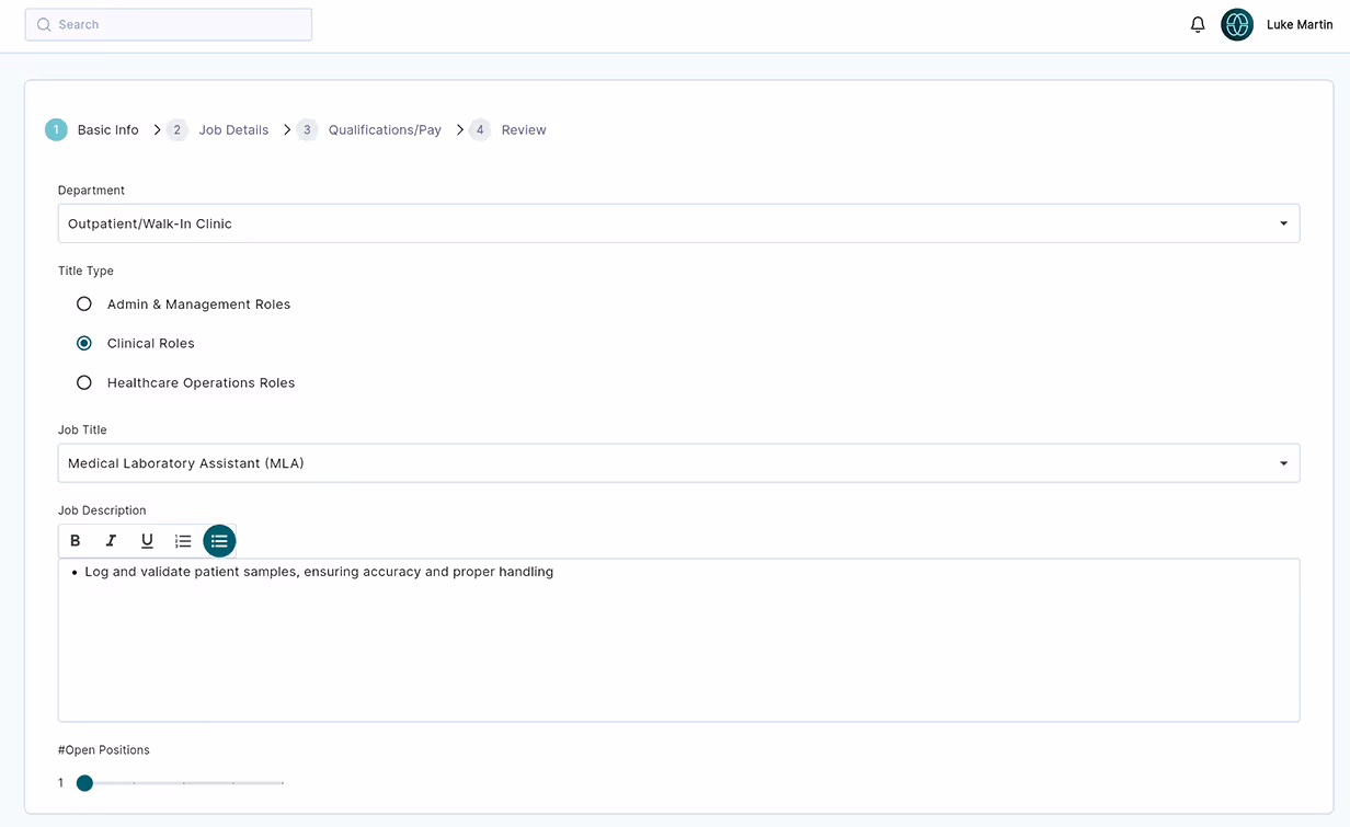 Job posting screen in 4 steps, basic info, job details, qualifications/pay and review