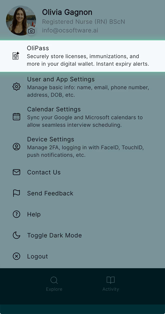 Oli app screenshot of the Settings highlighting the OliPass feature