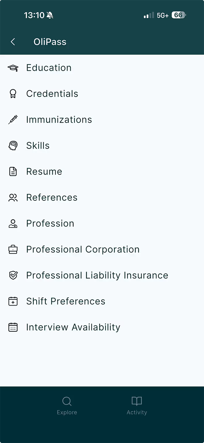 Oli app screenshot showing OliPass features listing
