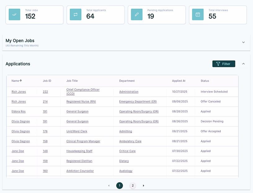 Oli Dashboard showing applications for open jobs
