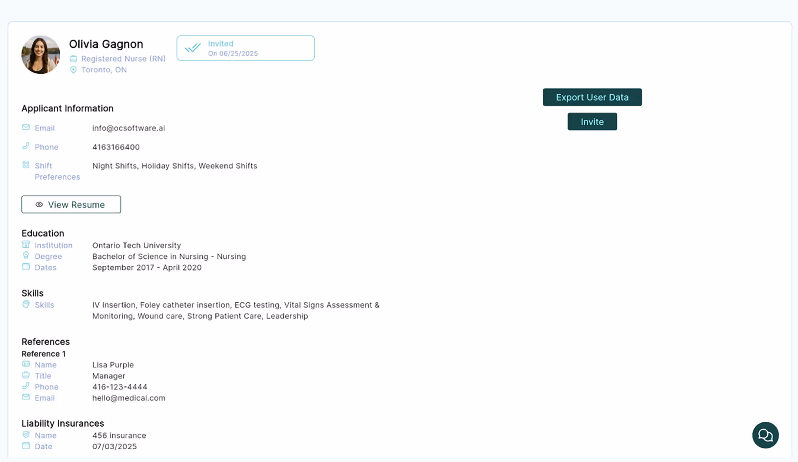 A detail record of the applicant