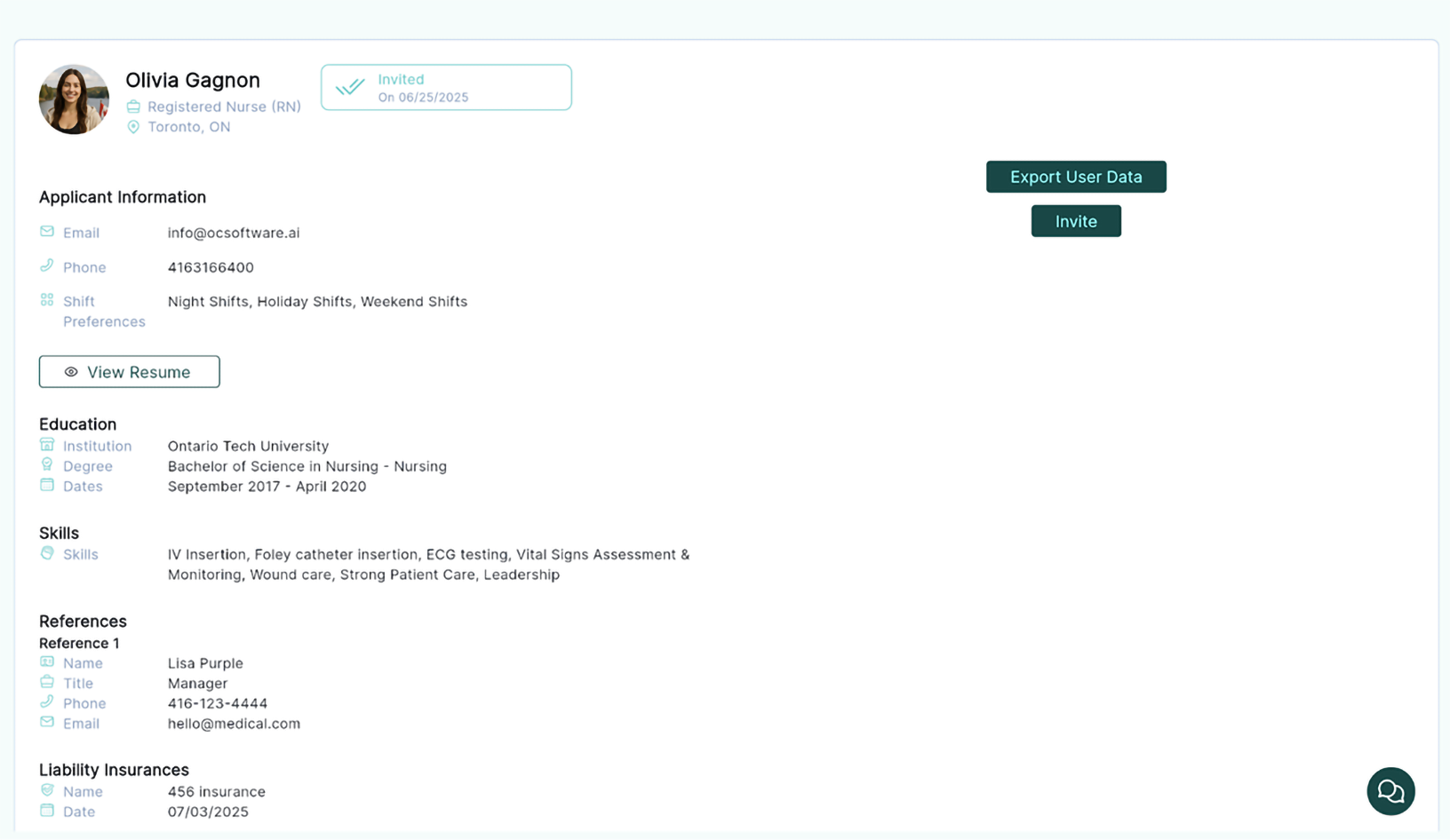 A detail record of the applicant