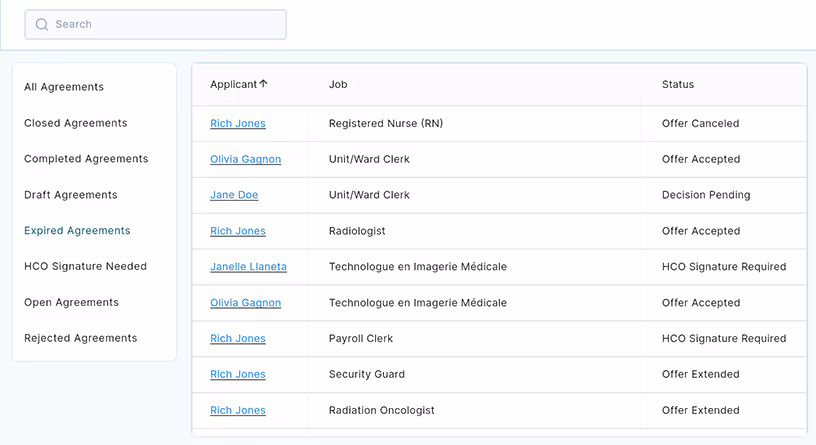 All agreements listed in dashboard