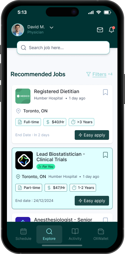 Oli recommended jobs overview on mobile app