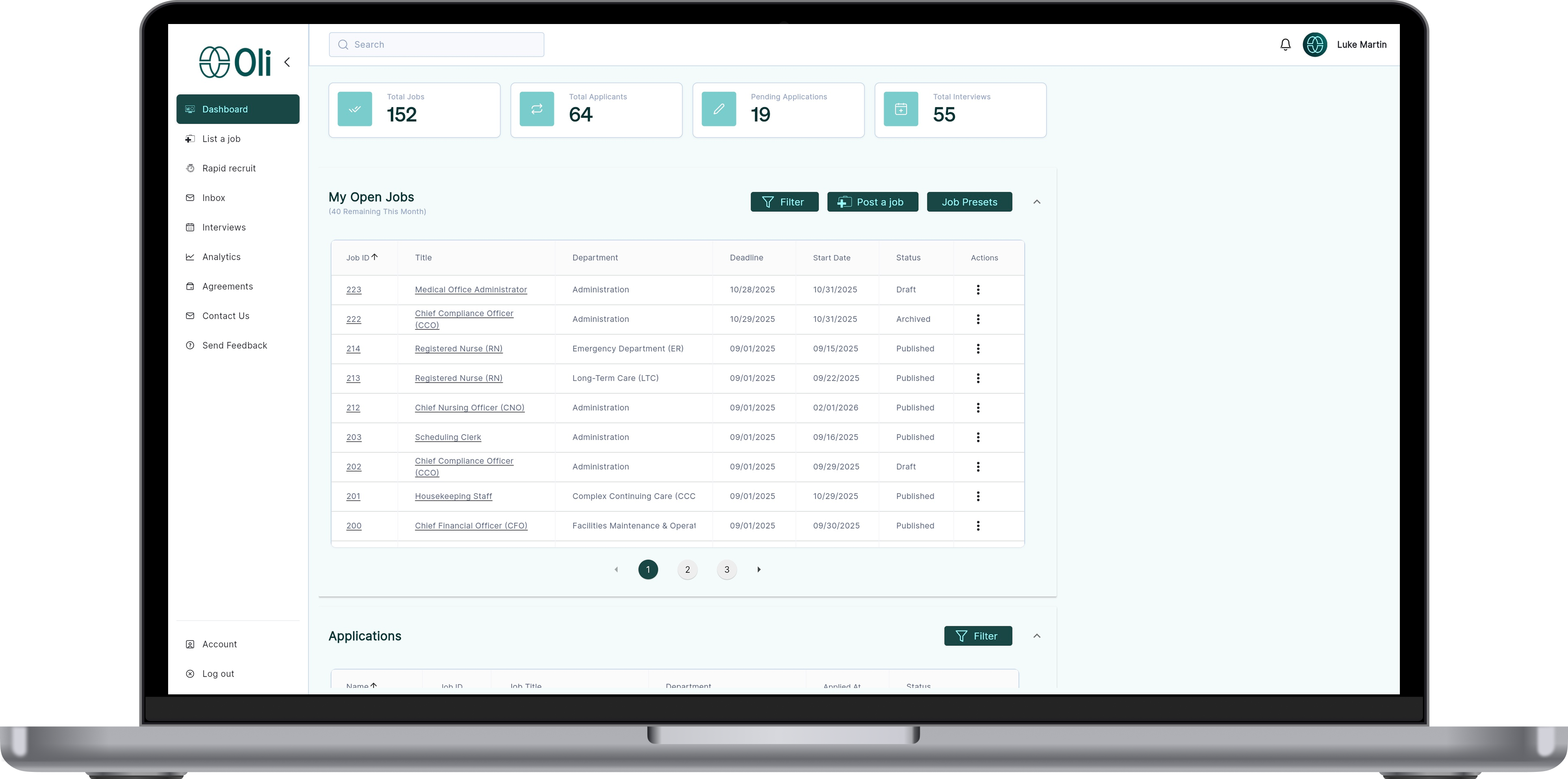 Oli dashboard overview on desktop