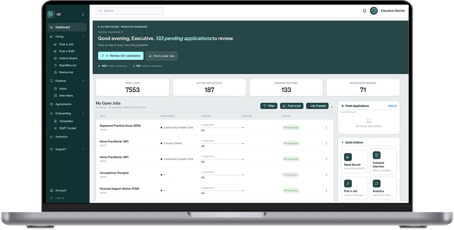 Oli dashboard overview on desktop