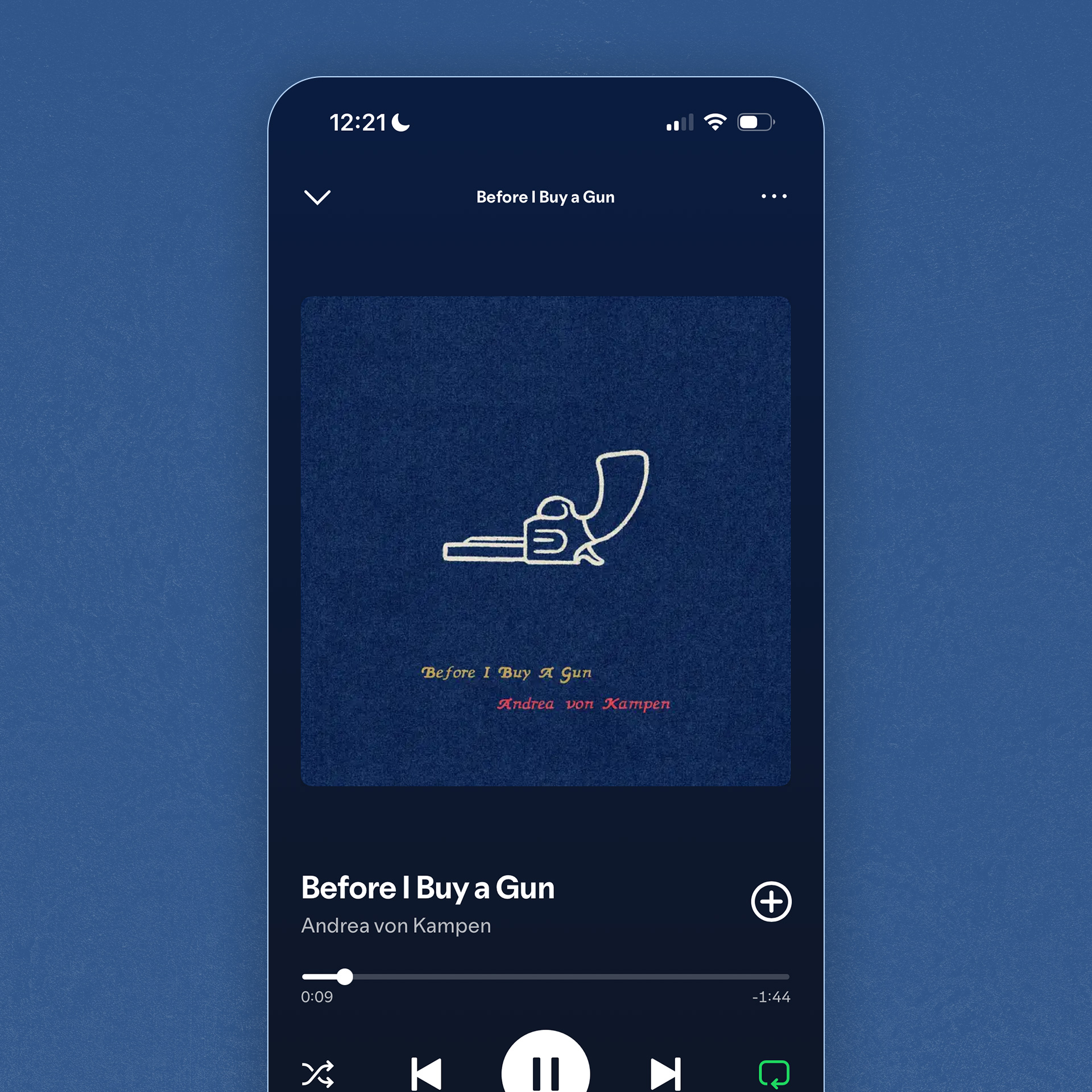 A mockup of a mobile phon screen featuring the cover artwork for Before I Buy A Gun within a music player app.