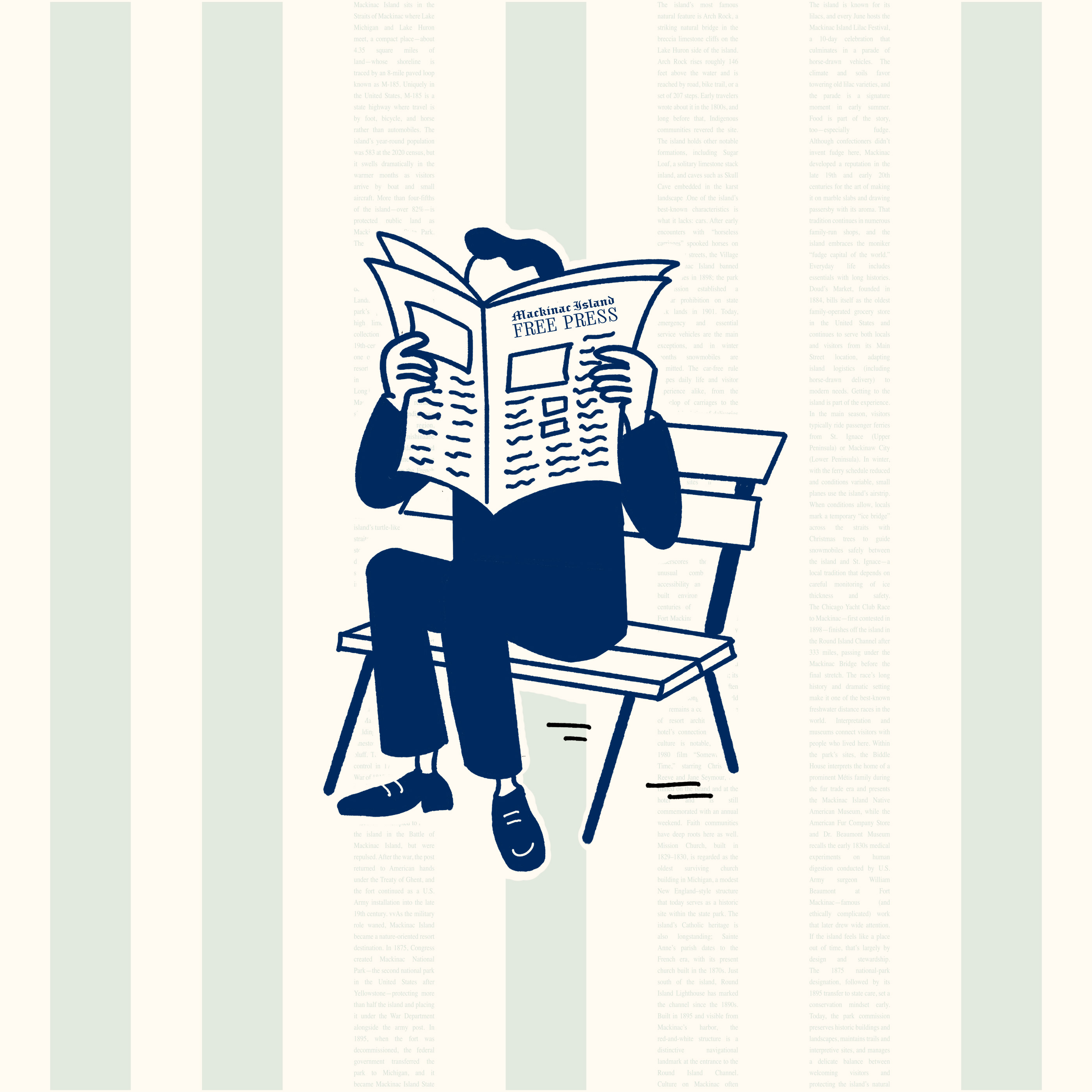 A hand-drawn illustration of a cartoon man sitting on a bench, reading a newspaper.
