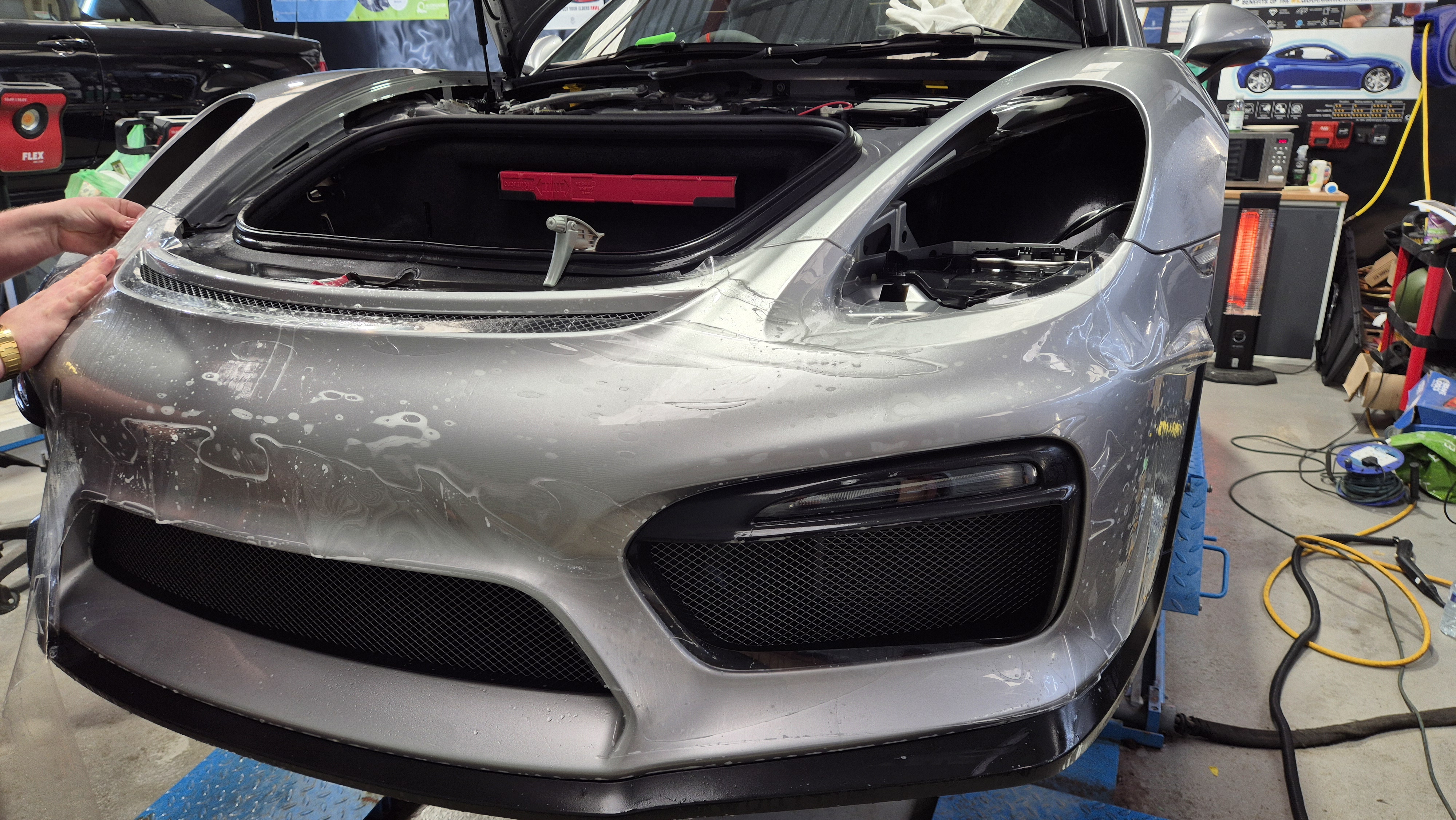 Porsche Boxster Spyder full PPF with headlights removed for the best coverage possible