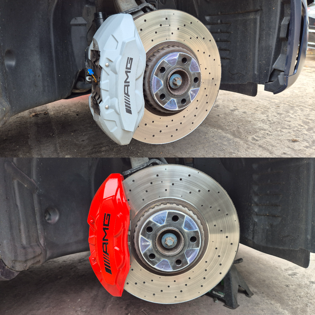 Mercedes Benz AMG C43 Brake Calipers Painted from Factory un-painted to a High Gloss Red with Black Decals
