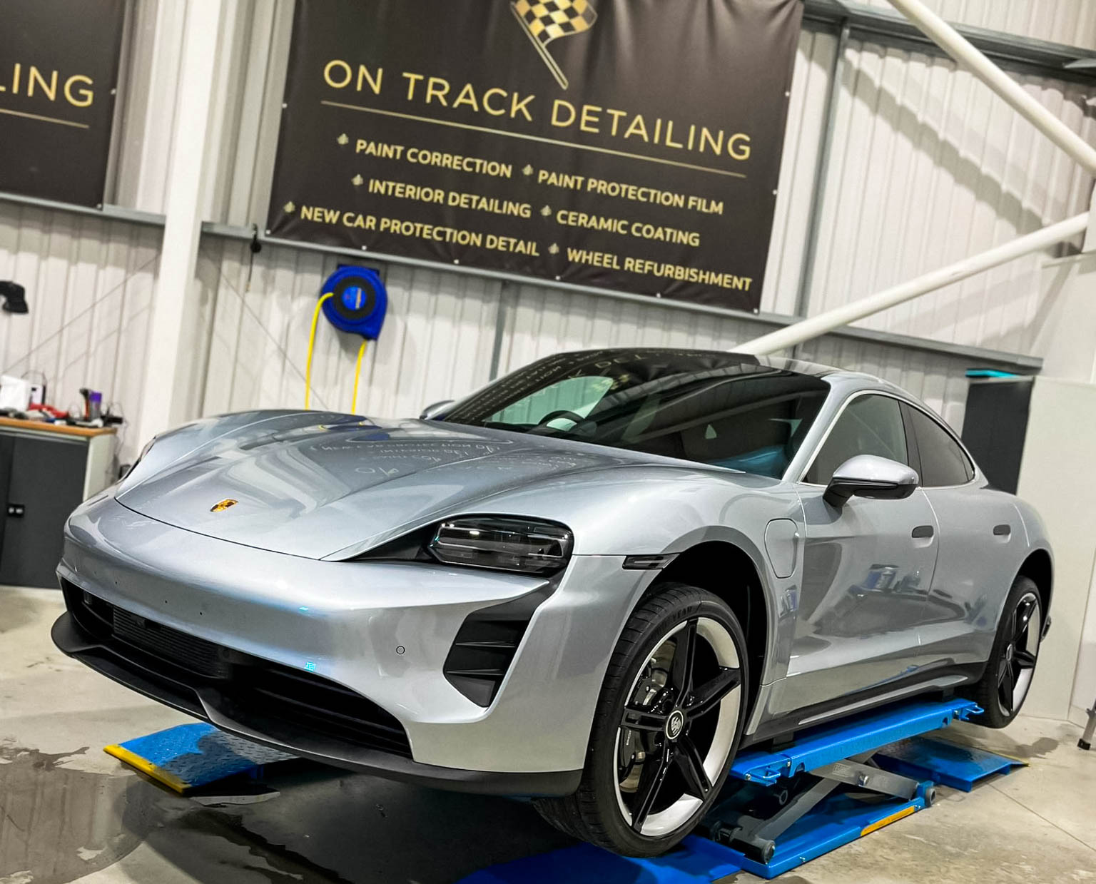 Porsche Taycan 4S in for a New Car Detail, Paint Protection Film, Ceramic Coating and Paint Correction. Completed at On Track Detailing in Berkshire, located in Finchampstead, Wokingham. Near to Reading