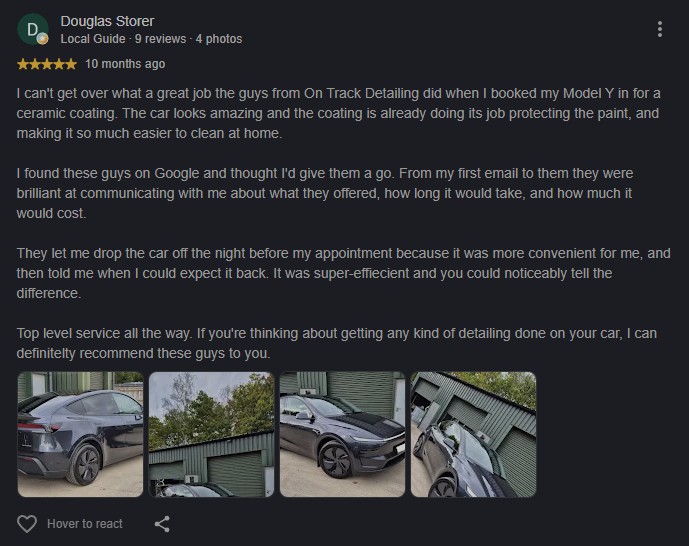 Tesla Model Y Detailing and Ceramic Coating Review of On Track Detailing, located in Berkshire, Wokingham. Near to Reading and Bracknell