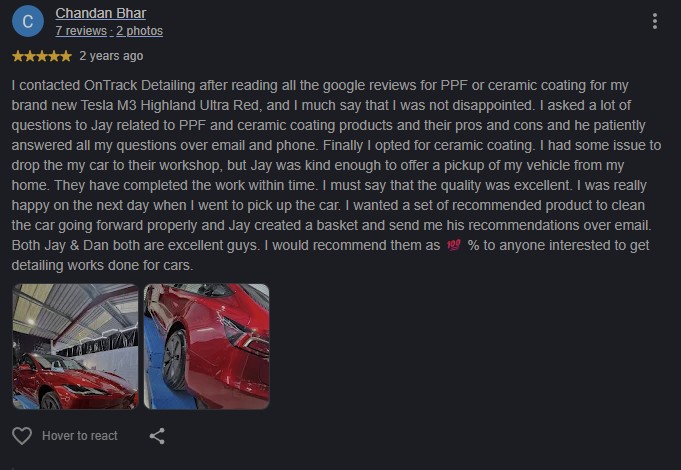 Tesla Model 3 Highland Detailing and Ceramic Coating Review of On Track Detailing, located in Berkshire, Wokingham. Near to Reading and Bracknell