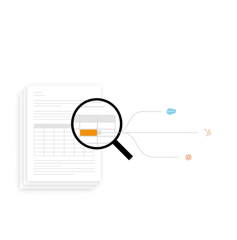 Stack of documents with a magnified table section in orange, branching to icons representing Salesforce, HubSpot, and Zapier integrations.