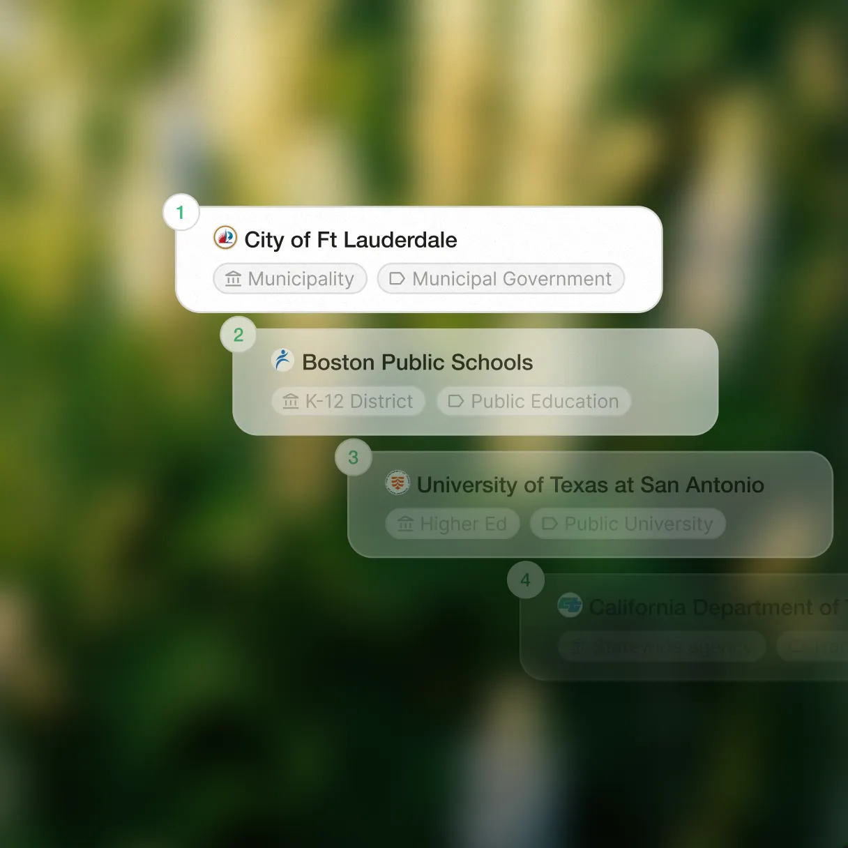 List of four public organizations with icons and categories: City of Ft Lauderdale (Municipality, Municipal Government), Boston Public Schools (K-12 District, Public Education), University of Texas at San Antonio (Higher Ed, Public University), partially visible California Department of (Statewide agency).