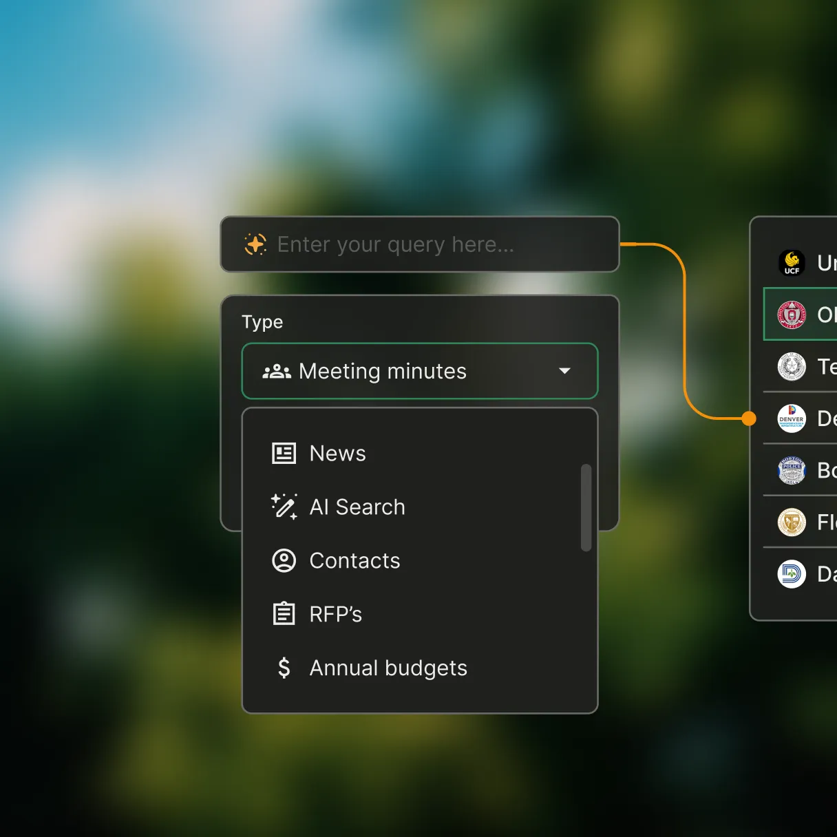 Dropdown menu with search type options including Meeting minutes, News, AI Search, Contacts, RFP's, and Annual budgets on a blurred nature background.