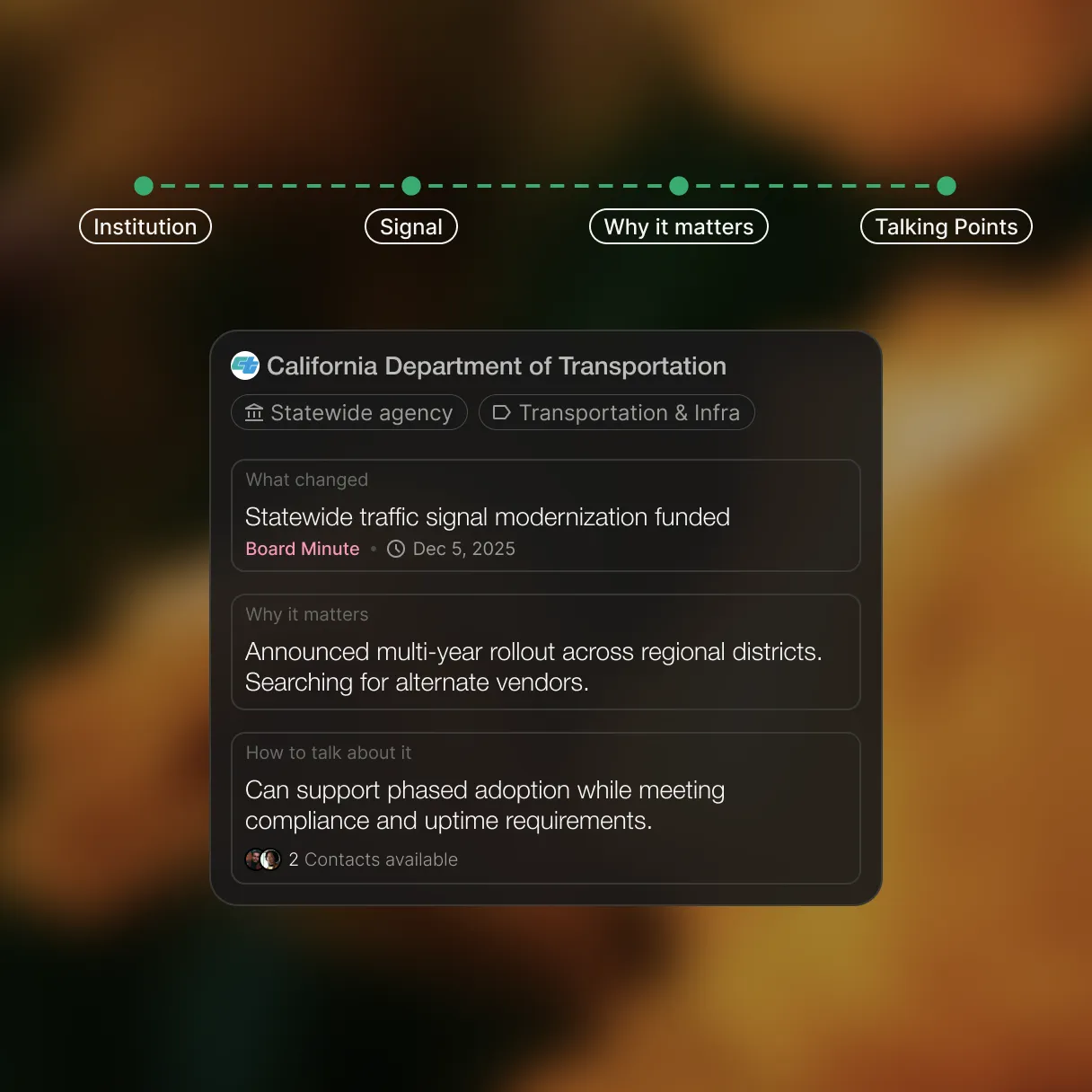 Information card showing California Department of Transportation's statewide traffic signal modernization funded, announcement of multi-year rollout across regional districts, and phased adoption support with compliance and uptime requirements.