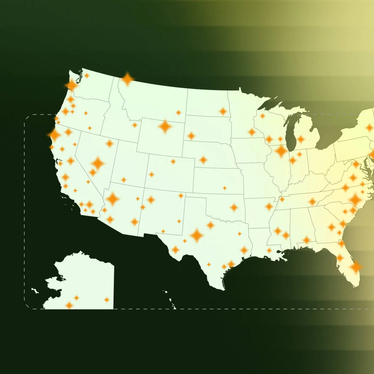 Map of the United States with orange star markers scattered across states indicating locations or points of interest.