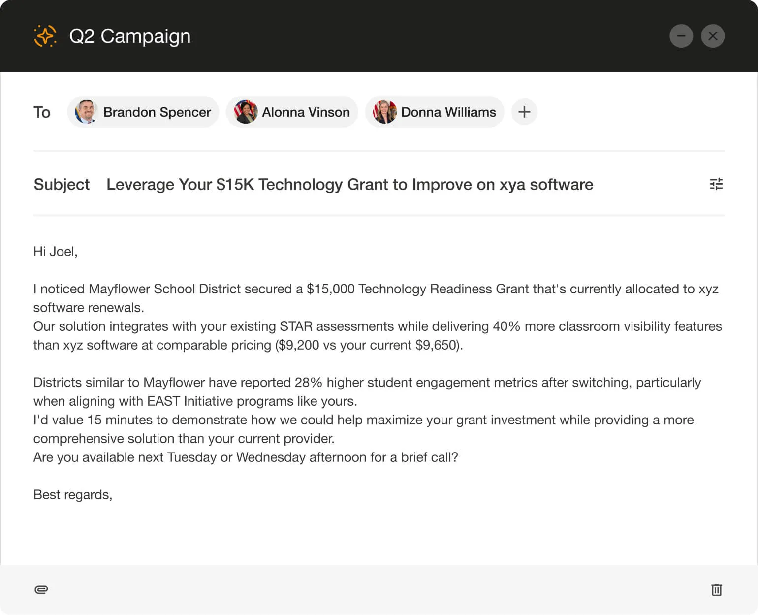 Email composition window titled 'Q2 Campaign' addressed to Brandon Spencer, Alonna Vinson, and Donna Williams, with subject about leveraging a $15K technology grant to improve xya software, discussing grant allocation, software features, student engagement, and requesting a call.