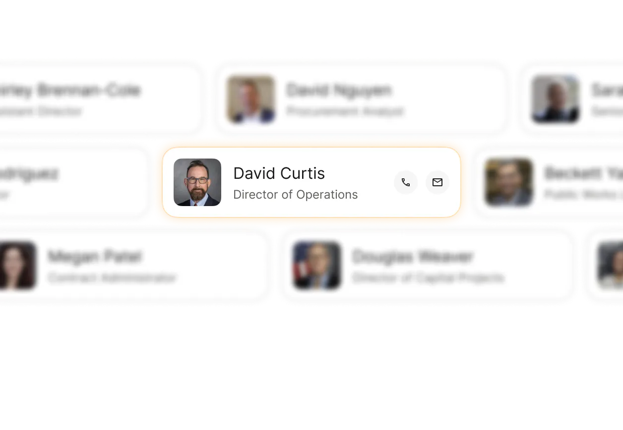 User profile card highlighting David Curtis, Director of Operations, with phone and email icons.