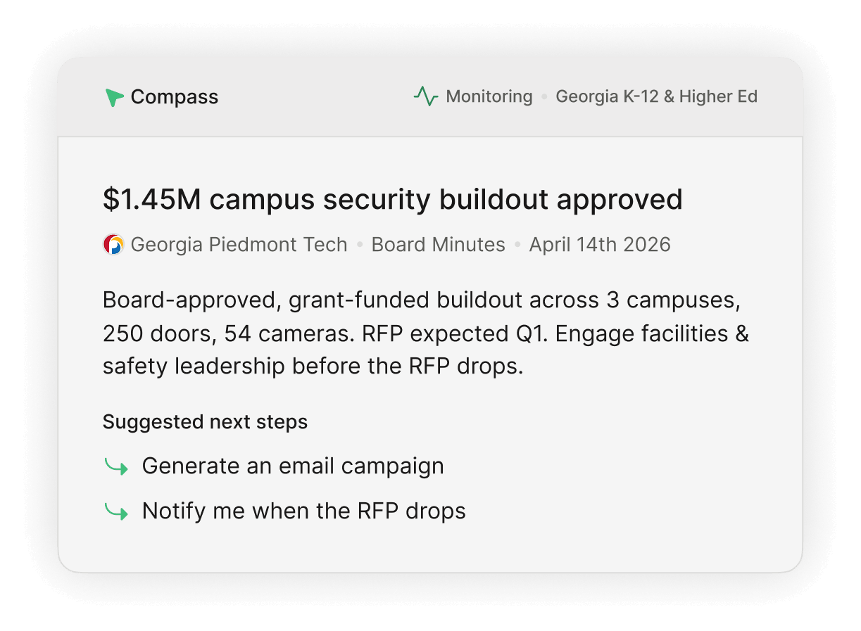 $1.45M campus security buildout approved at Georgia Piedmont Tech covering 3 campuses with 250 doors, 54 cameras.