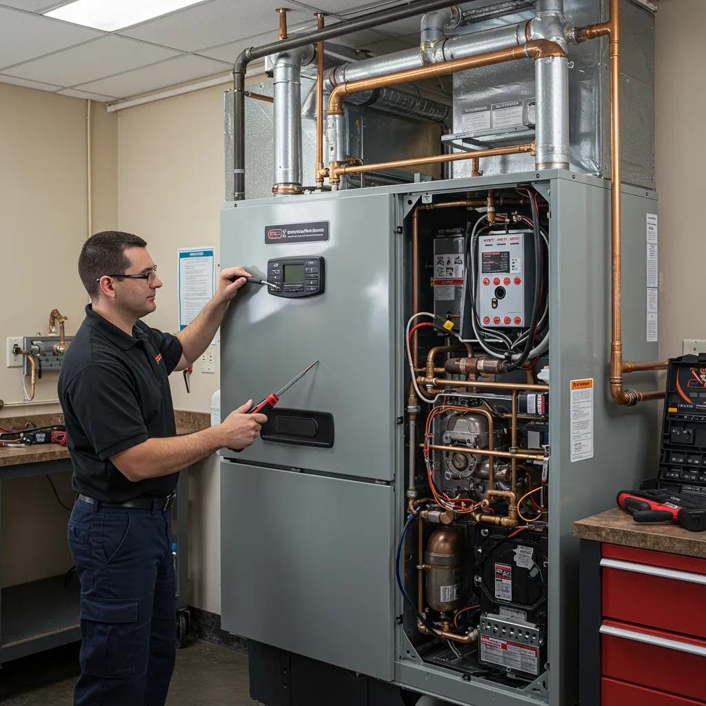 A technician performing maintenance on a high-efficiency gas furnace, emphasizing the importance of regular upkeep for energy savings