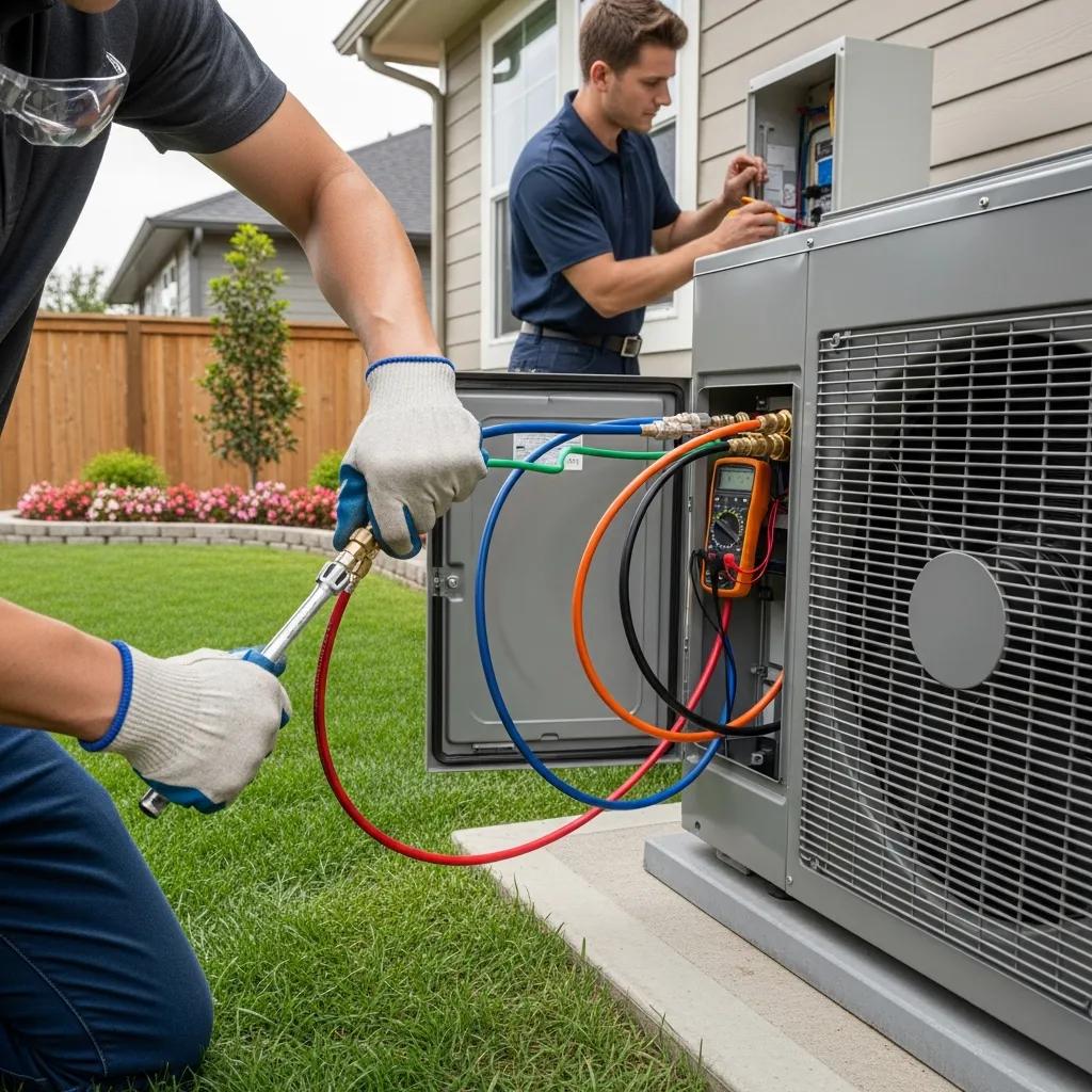 Technician installing a heat pump, showcasing step-by-step procedures for installation