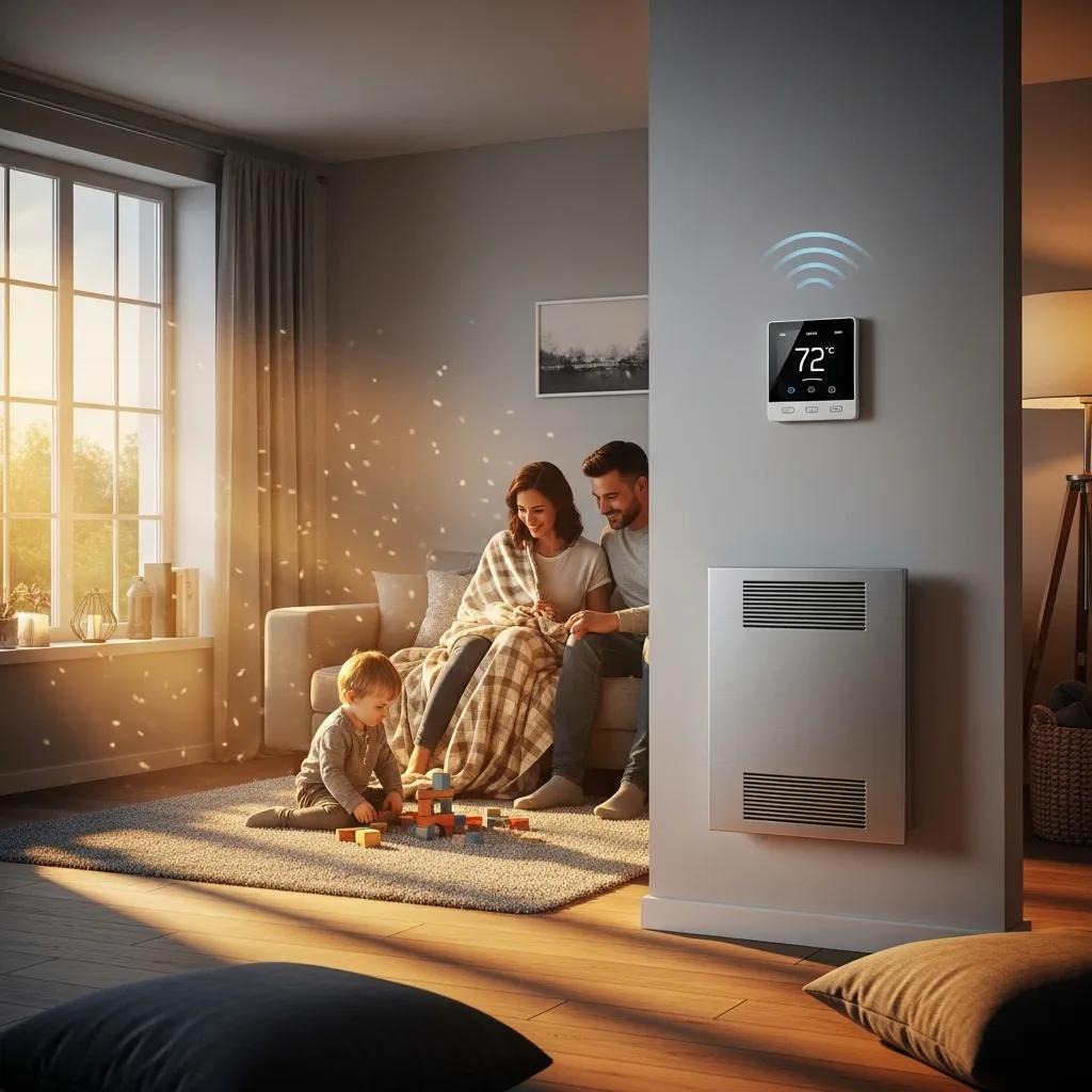 Cozy home interior with energy-efficient HVAC system and family enjoying comfort